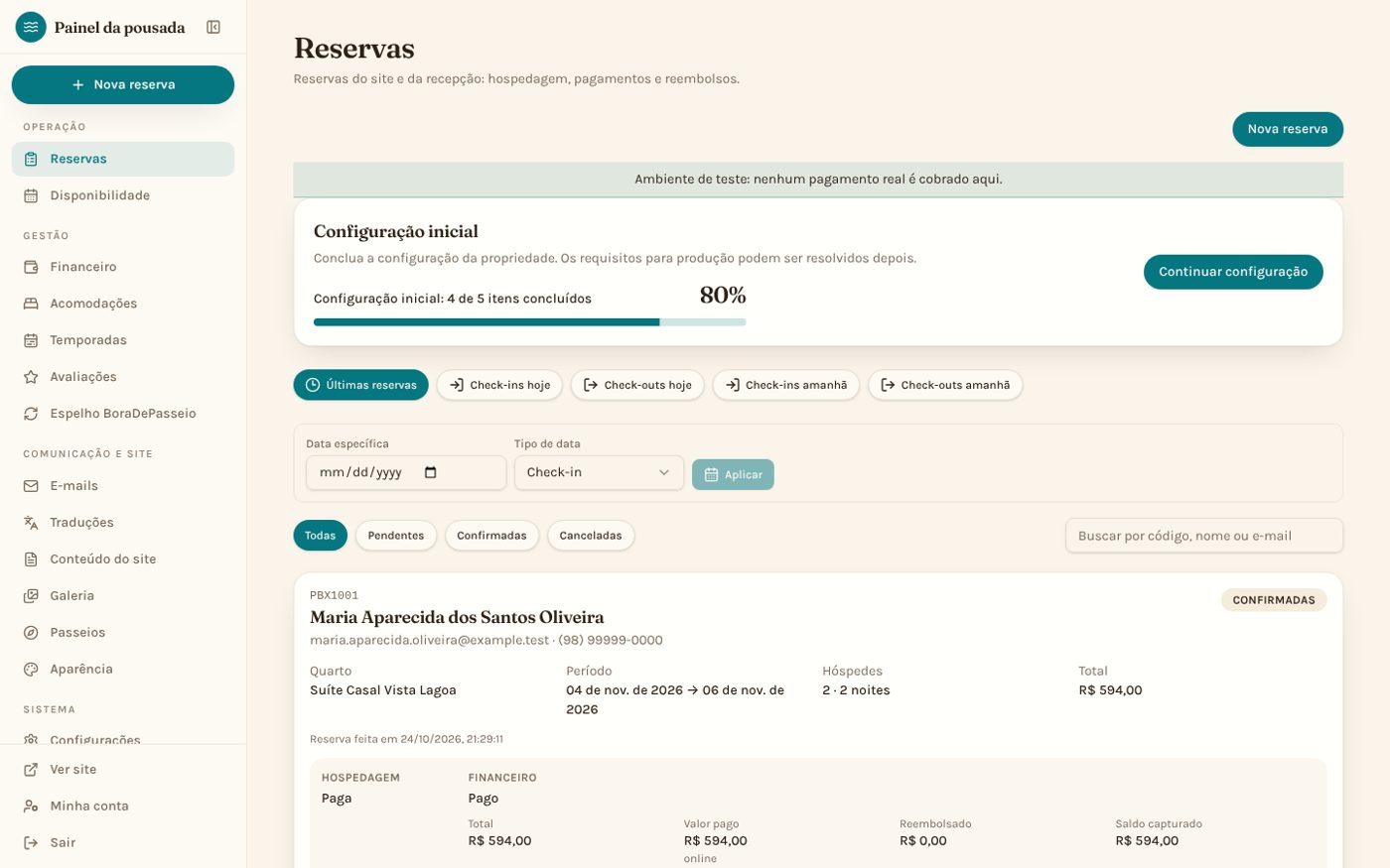 Painel de reservas da pousada, com dados de exemplo